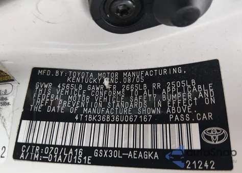 2006 Toyota Avalon Xls z USA, uszkodzony, nr VIN 4T1BK36B36U067167